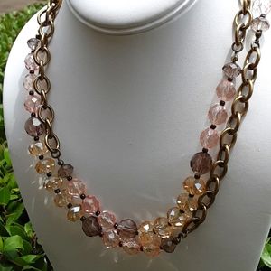 VTG FAUX MORGANITE, SMOKY TOPAZ, GLASS FACETED CRYSTAL NECKLACE 40"